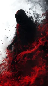Hooded wraith emerging through red smoke and shadow.