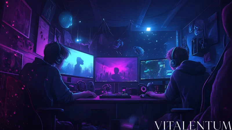 Neon bunkers of brotherly gamers in midnight cyberspace.