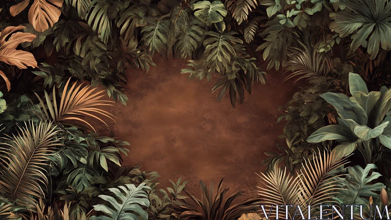 Tropical foliage frame encircling textured terracotta backdrop