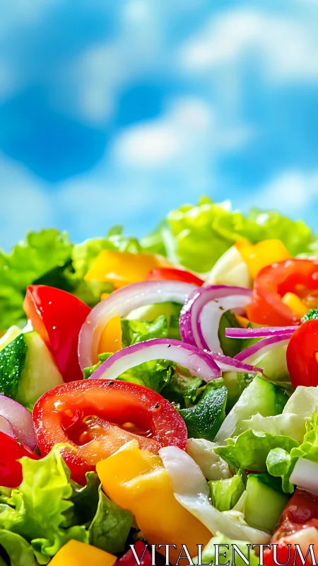 Colorful garden salad glistens under bright summer sky.
