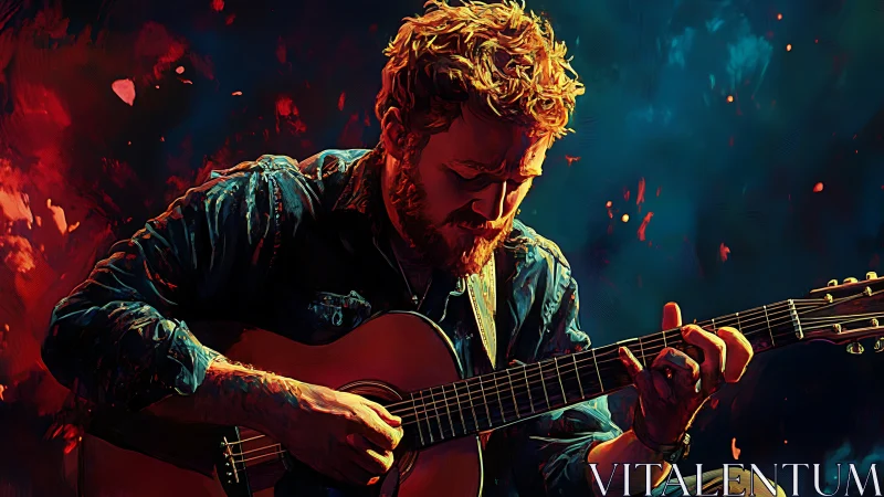 Digital painting depicts guitarist in intense chromatic chiaroscuro
