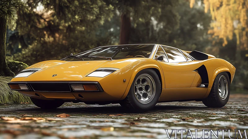 Yellow classic sports car parked on wet stone driveway