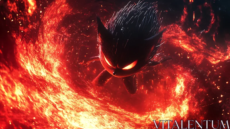Dark spiky creature flying through swirling red firestorm.