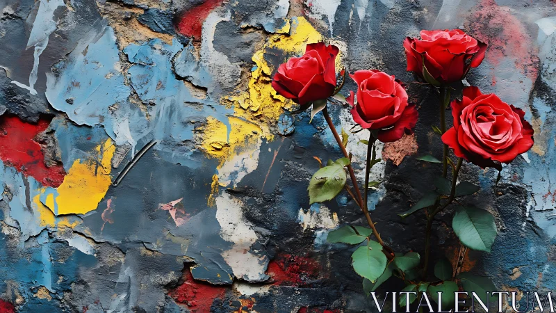 Crimson Blooms Against Decayed Urban Canvas.