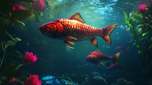 Iridescent koi fish glide through luminous aquatic garden.