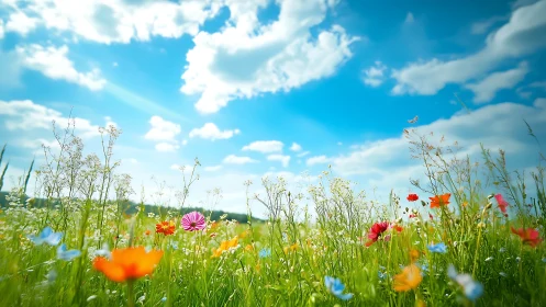Wide-angle wildflower meadow under cumulus sky at midday