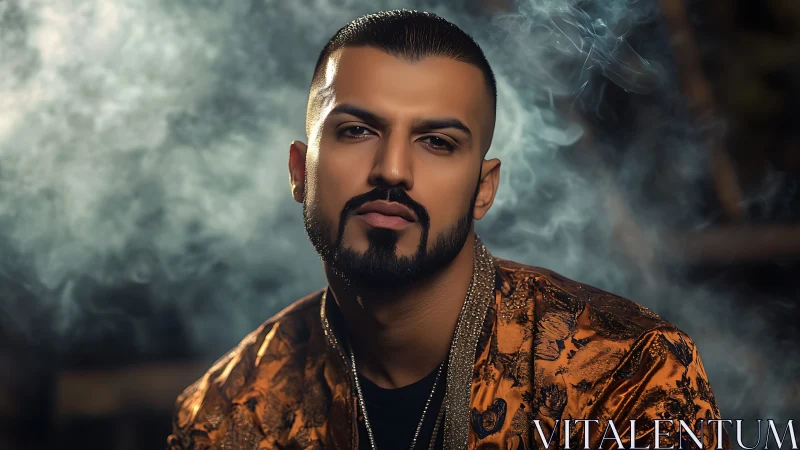 Portrait shows man in ornate jacket amid diffused smoke plume