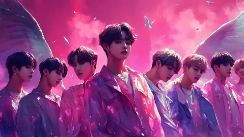 Iridescent angelic boy band under neon pink sky glow.