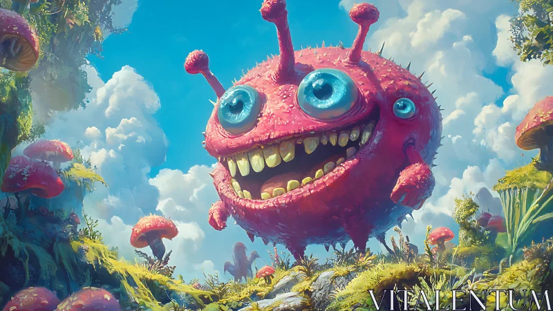Bright pink monster strolls joyfully through a dreamy valley