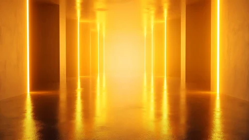 Golden neon corridor glows with futuristic ambient light