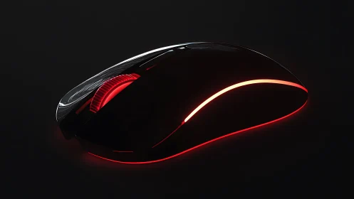 Gaming mouse glows with red LED lighting on black background