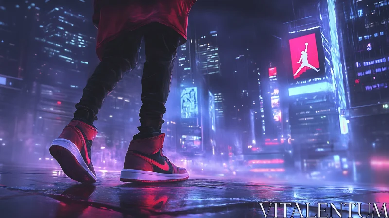 Neon-soaked cyberpunk street framed by red sneakers in motion