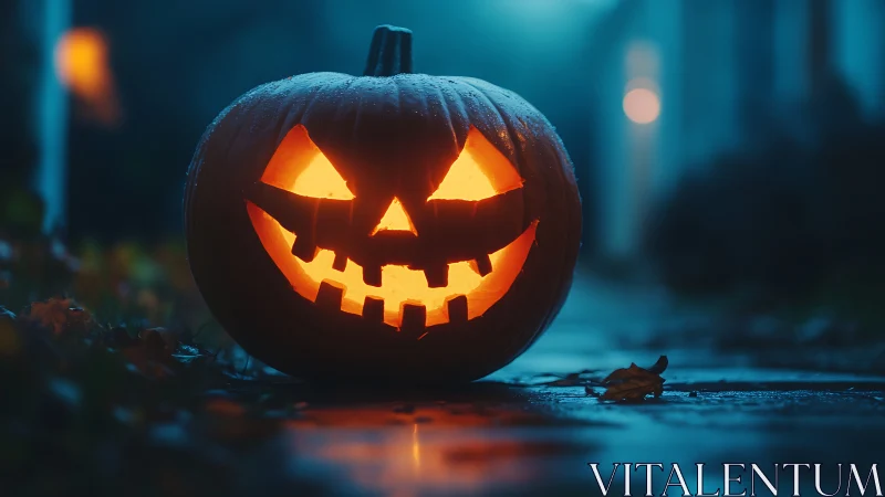 Carved jack o lantern sits on wet path during twilight