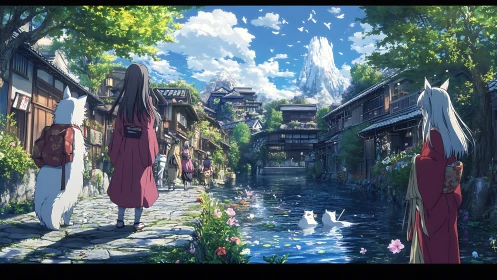 Anthropomorphic shrine spirits crossing canal village promenade.