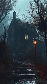 Rain-soaked hill house glowing under a lonely lamppost.