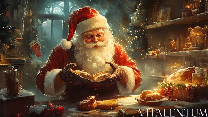 Santa Claus reads recipe book while preparing Christmas pastries