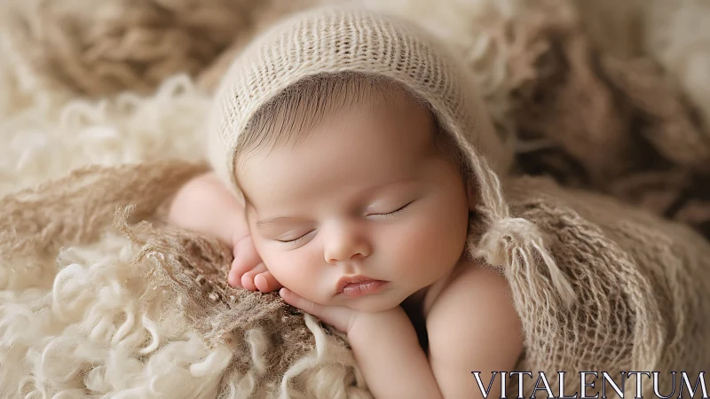Sleeping newborn in cream knit hat and textured wraps.