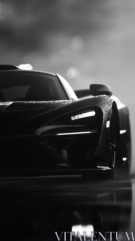 Midnight hypercar prowls through rainlit monochrome haze.