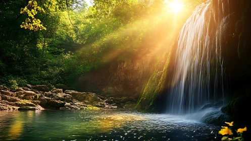 Sunlit forest waterfall flows into a calm reflective pool