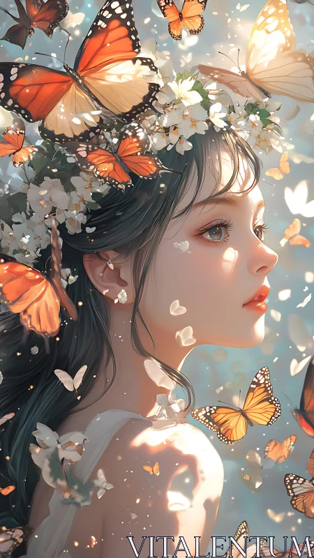 Backlit floral portrait with monarch butterflies and soft bokeh diffusion