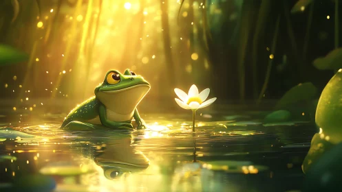 Tree frog observing white flower in glowing pond light.