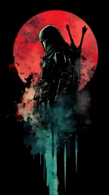 Armored sci‑fi warrior silhouetted against abstract red moon