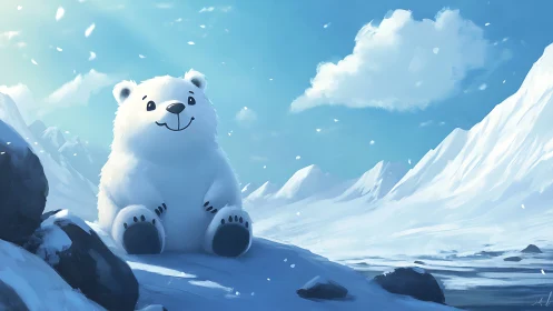 Cartoon polar bear sits in bright arctic snow landscape