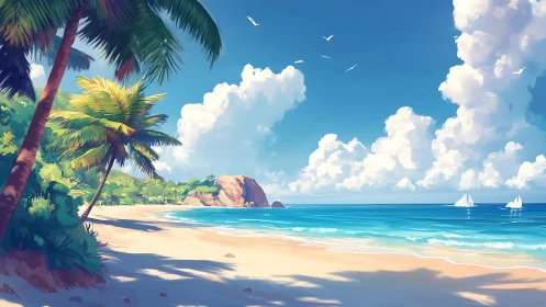 Tropical beach scene with palm trees, sailboats, clouds