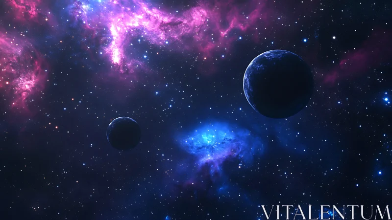 Binary planets over luminous nebula in deep cosmic void.