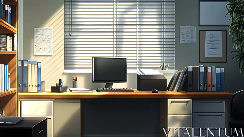 Minimalist office desk with computer and files in sunlight.