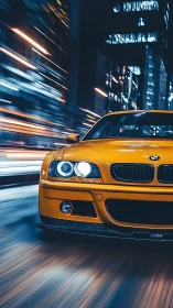 Yellow BMW slices through neon city streets at speed.