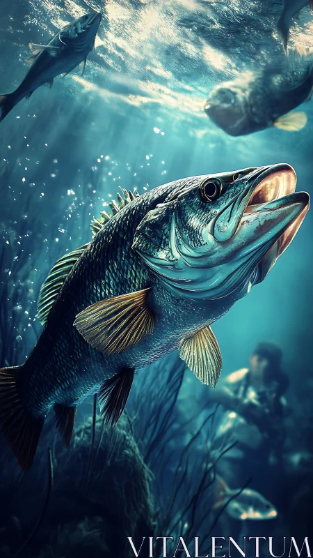 Underwater bass close-up with diver and schooling fish.