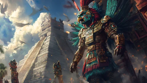 Mythic avian warrior beside stepped pyramid under clouds.