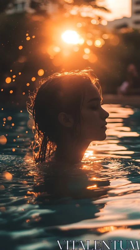 Silhouette swimmer glows in golden backlit sunset water