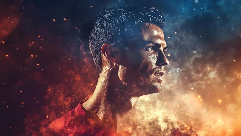 Starlit striker carves through swirling fire and cosmic smoke