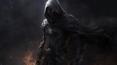 Shadow-cloaked dark knight with burning ember eyes stands.