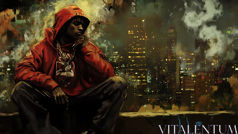 Urban rooftop portrait in red hoodie against misty skyline