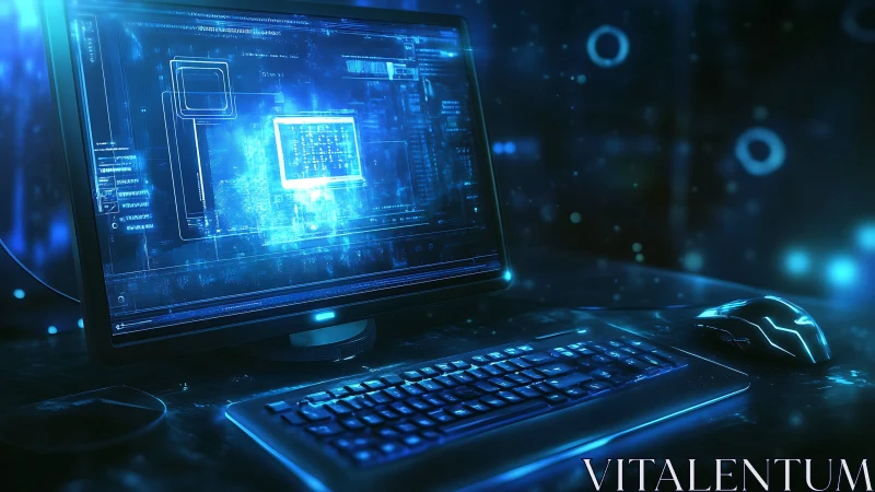 Futuristic desktop computer interface in blue digital glow.