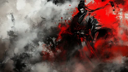 Samurai silhouette in red and monochrome ink storm composition.