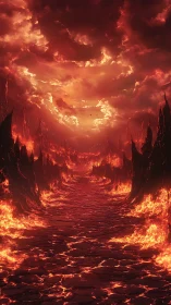 Fiery volcanic path stretches into an infernal crimson sky.