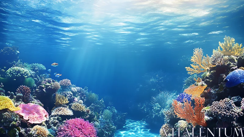 Sunlit coral reef ripples with colorful underwater life