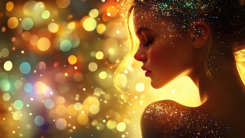 Glittered female profile against colorful bokeh lights.