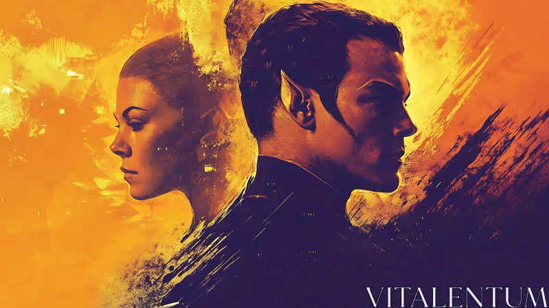 Dual sci fi portraits in blazing orange abstract field.