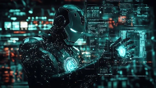 Cybernetic exosuit operator interfacing holographic control grid.