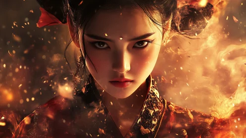 Fireborn empress stares through embers and rising flame.