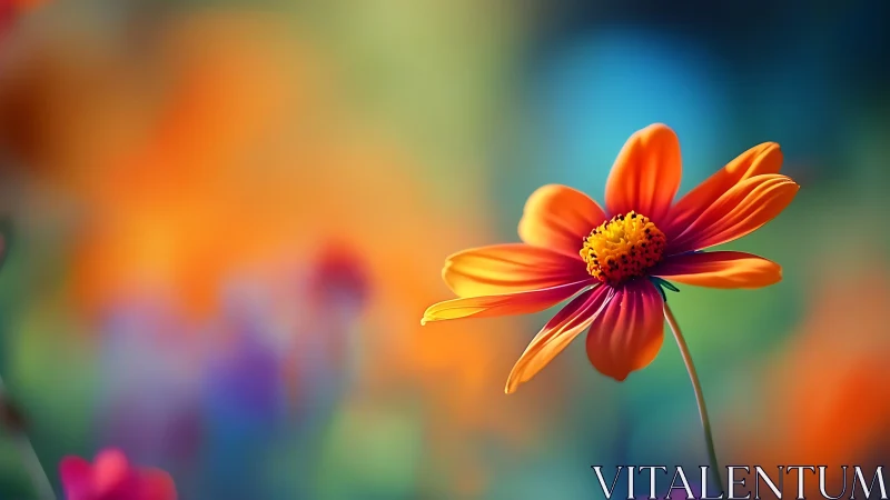 Vibrant Red-Orange Cosmos Flower Against Blurred Garden