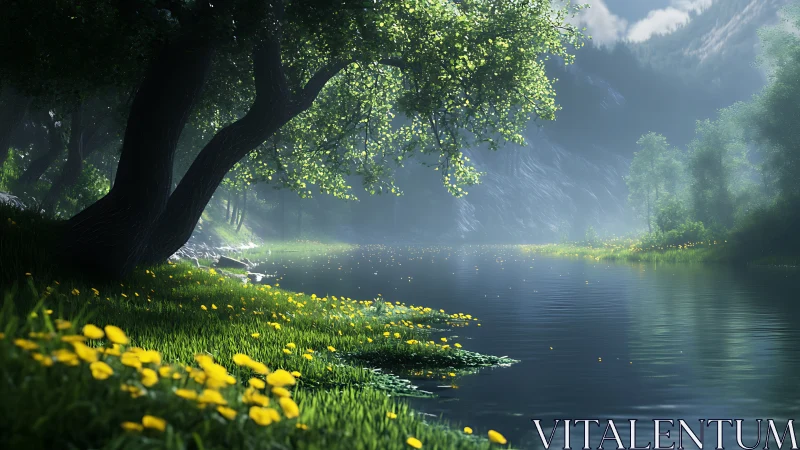 Whispering riverside meadow in dreamlit mountain hush.