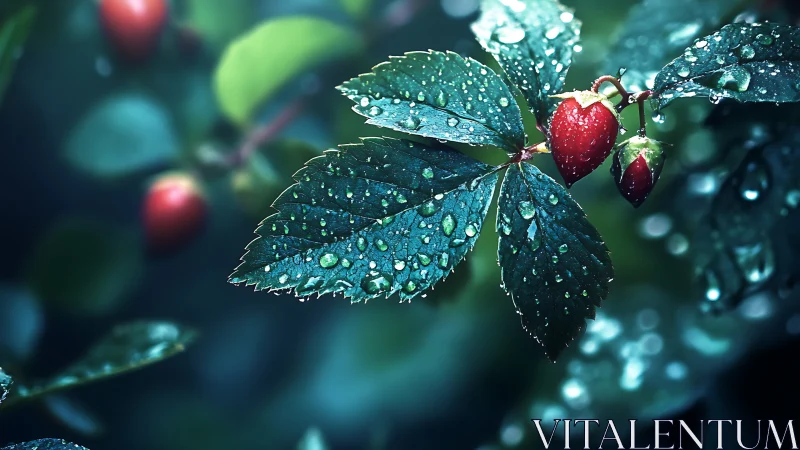 Rain-kissed leaves with red berries in cool teal light.
