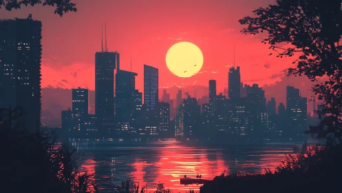 Urban skyline silhouette at sunset across reflective water.