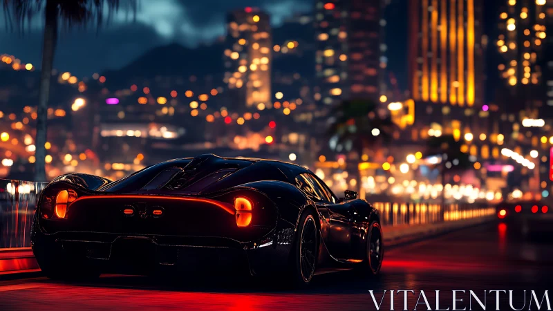 Midnight supercar glows against neon city skyline backdrop.